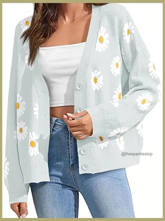 Sweaters - Floral Print Long Sleeve Open Front Cardigan V-Neck Knit Sweater